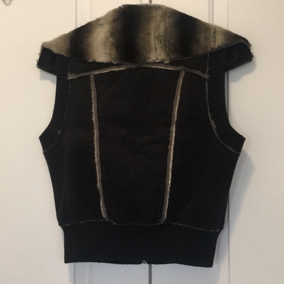 Faux Fur Leather Vegan Suede Warm Vest Black Grey Funnel Neck Pocket Vintage Y2K - Picture 3 of 9